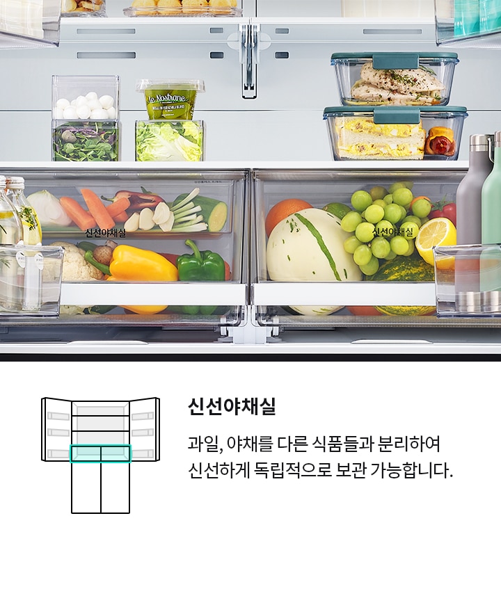 냉장고 내부에 다양한 채소와 과일이 정리되어 있습니다. 작은 용기에 오이, 당근, 셀러리가 담겨 있고, 유리병에는 레몬과 라임 조각이 들어 있습니다. 하단의 신선 야채실에는 양파, 오렌지, 옥수수, 노란 피망 등이 있으며, 신선 야채실에는 멜론, 포도, 오렌지, 사과가 보입니다.