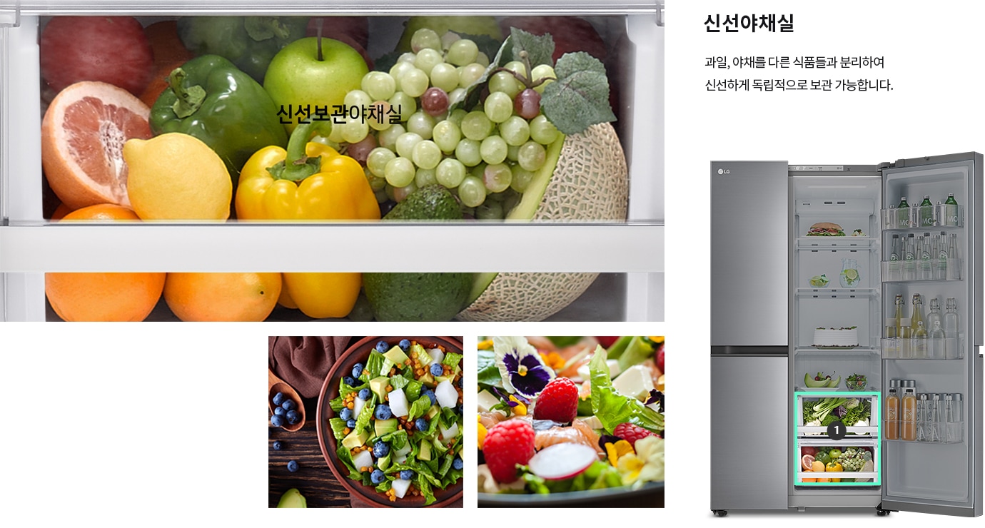 냉장고의 신선 보관 야채실에 다양한 과일과 채소가 보관되어 있으며, 텍스트로 신선보관야채실이 표시되어 있습니다. 오른쪽에는 냉장고 문이 열려 있고, 내부에 음료수와 음식들이 진열되어 있습니다. 신선야채실이라는 제목과 함께 과일, 야채를 다른 식품들과 분리하여 신선하게 독립적으로 보관 가능합니다.라는 설명이 있습니다. 다양한 샐러드가 담긴 그릇 이미지가 있습니다.