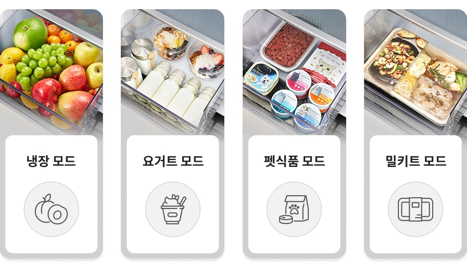 냉장고 내부에 과일, 요거트, 펫푸드, 밀키트를 각각 최적의 상태로 보관할 수 있도록 설계된 4가지 전문 보관 모드를 보여주는 이미지