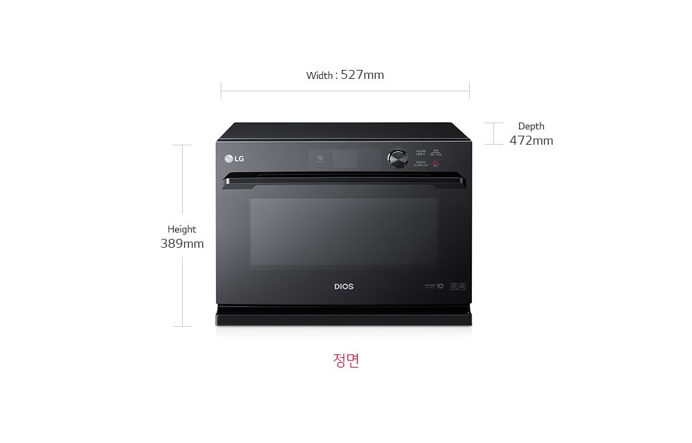 제품치수.정면 기준 넓이:527mm,높이:389mm,폭:472mm