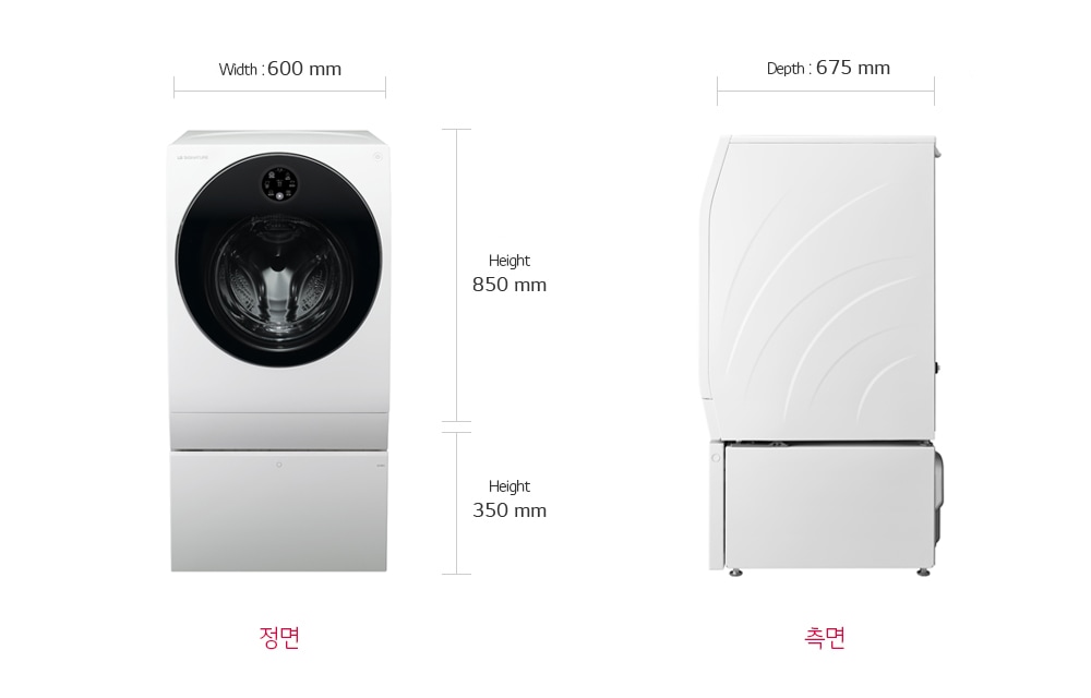 제품 크기 - 정면 넓이 600mm, 세탁기 본체 높이 850mm, 미니워시 높이 350mm, 폭 675mm