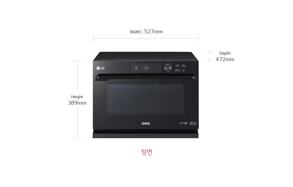 제품치수.정면 기준 넓이:527mm,높이:389mm,폭:472mm