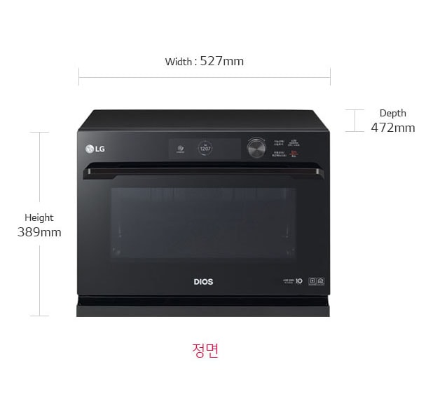 제품치수.정면 기준 넓이:527mm,높이:389mm,폭:472mm
