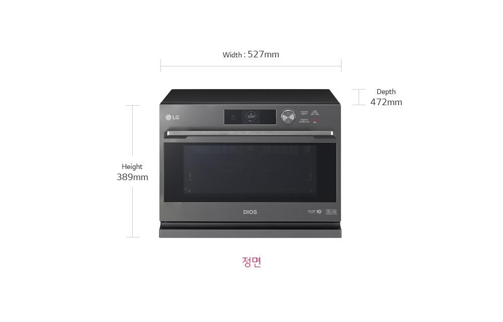 제품치수.정면 기준 넓이:527mm,높이:389mm,폭:472mm