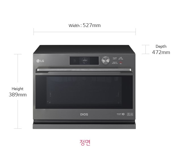 제품치수.정면 기준 넓이:527mm,높이:389mm,폭:472mm
