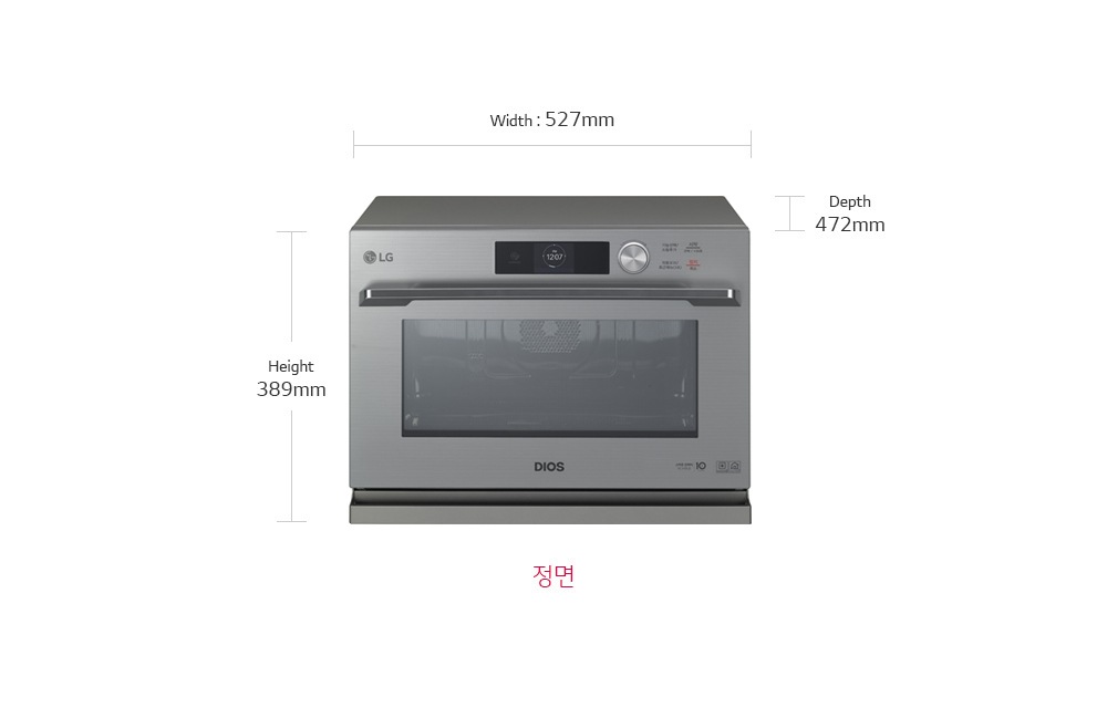 제품치수.정면 기준 넓이:527mm,높이:389mm,폭:472mm