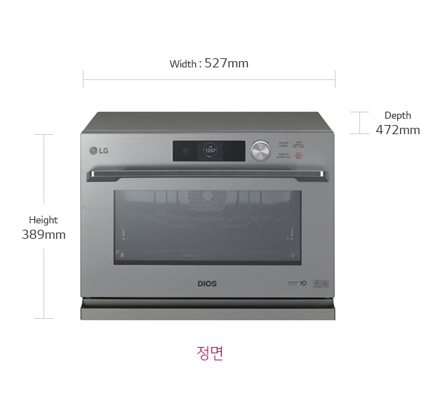 제품치수.정면 기준 넓이:527mm,높이:389mm,폭:472mm