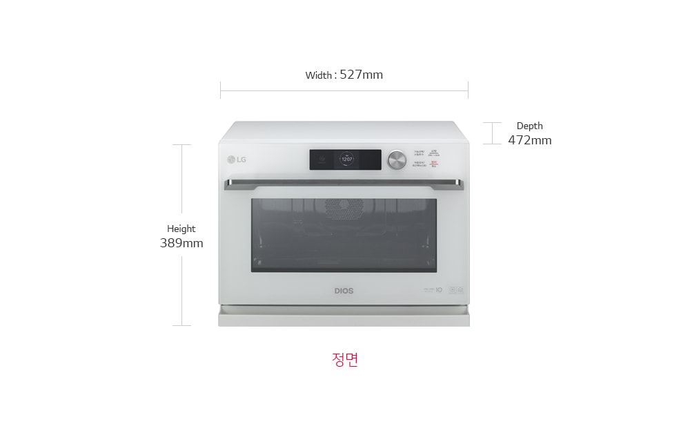 제품치수.정면 기준 넓이:527mm,높이:389mm,폭:472mm