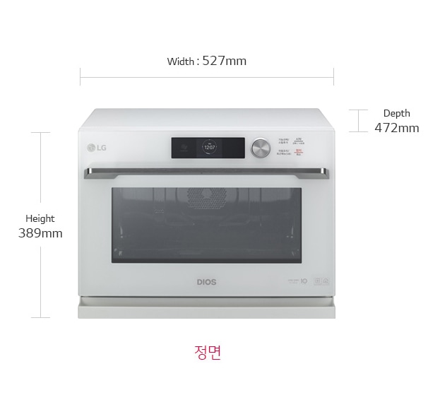제품치수.정면 기준 넓이:527mm,높이:389mm,폭:472mm