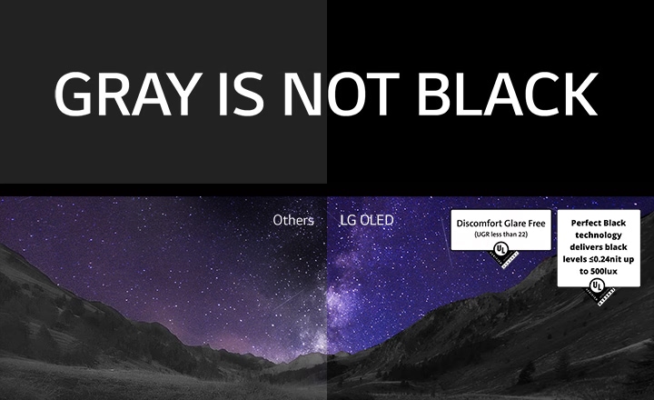 검은색_배경에_gray_is_not_black이라는_문구가_큼지막하게_적혀_있습니다._하단에는_별이_가득한_밤하늘과_산의_이미지가_있으며,_두_부분으로_나뉘어_있습니다._한쪽은_others라고_표시되어_있고,_다른_쪽은_lg_oled라고_표시되어_있습니다._lg_oled_쪽에는_discomfort_glare_free_(ugr_less_than_22)와_perfect_black_technology_delivers_black_levels_0.2nit_up_to_500lux라는_텍스트가_포함되어_있습니다.
