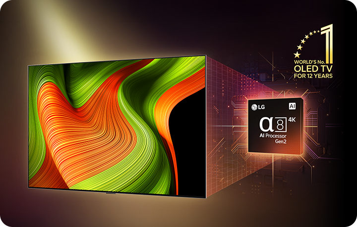 화려한 색상의 추상적인 패턴이 화면에 표시된 OLED TV 이미지입니다. TV 옆에는 LG α8 4K AI Processor Gen2이라는 텍스트가 있는 프로세서 이미지가 있으며, 그 위에는 WORLD'S No.1 OLED TV FOR 12 YEARS라는 문구가 있습니다. TV와 프로세서 이미지 사이에는 디지털 그래픽 요소가 포함되어 있습니다.