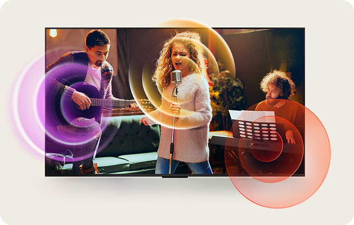 세 명의 사람이 음악을 연주하는 장면입니다. 한 사람은 기타를 연주하고, 다른 사람은 마이크를 잡고 노래를 부르고 있으며, 또 다른 사람은 키보드를 연주하고 있습니다. 각 사람 주변에는 다양한 색상의 원형 파장이 표현되어 있어 음악의 생동감을 나타냅니다. 배경은 어두운 실내로 보입니다.