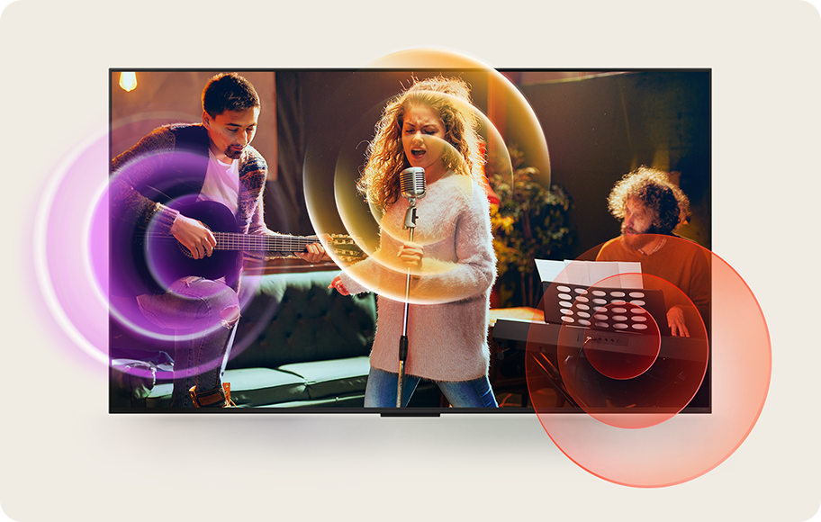 세 명의 사람이 음악을 연주하는 장면입니다. 한 사람은 기타를 연주하고, 다른 사람은 마이크를 잡고 노래를 부르고 있으며, 또 다른 사람은 키보드를 연주하고 있습니다. 각 사람 주변에는 다양한 색상의 원형 파장이 표현되어 있어 음악의 생동감을 나타냅니다. 배경은 어두운 실내로 보입니다.