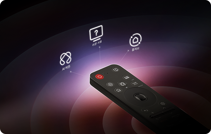 검은색 리모컨이 어두운 배경 위에 놓여 있으며, 리모컨 위에는 AI 버튼, 쉬운 사용, 홈허브라는 텍스트가 각각의 아이콘과 함께 표시되어 있습니다. 리모컨에는 다양한 버튼이 있으며, 중앙에 휠이 있습니다. 배경은 여러 색의 원형이 겹쳐져 있는 모습입니다.