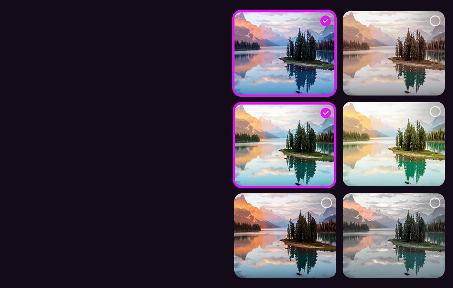여섯 개의 작은 이미지가 배열되어 있으며, 각 이미지에는 호수와 산, 나무가 있는 풍경이 담겨 있습니다. 두 개의 이미지에는 보라색 테두리와 체크 표시가 있습니다. 나머지 이미지들은 회색 테두리와 원형 아이콘이 있습니다. 풍경은 맑은 날씨에 호수에 비친 산과 나무의 반영이 특징적입니다.