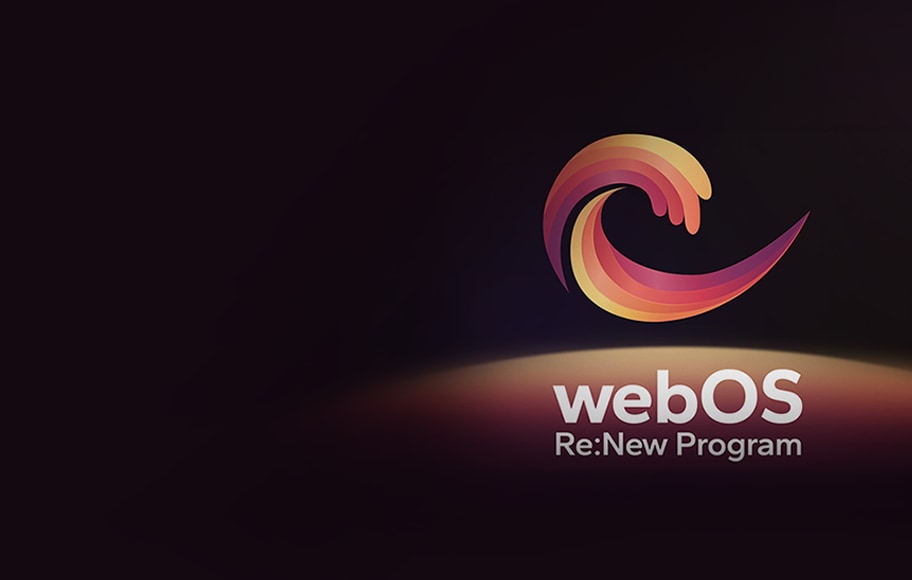 어두운 배경 위에 다채로운 색상의 곡선형 로고가 있습니다. 로고는 주황색과 분홍색의 그라데이션으로 이루어져 있으며, 물결 모양을 형성하고 있습니다. 로고 아래에는 webOS라는 텍스트가 굵은 흰색 글씨로 쓰여 있고, 그 아래에 Re:New Program이라는 문구가 더 작은 흰색 글씨로 적혀 있습니다.