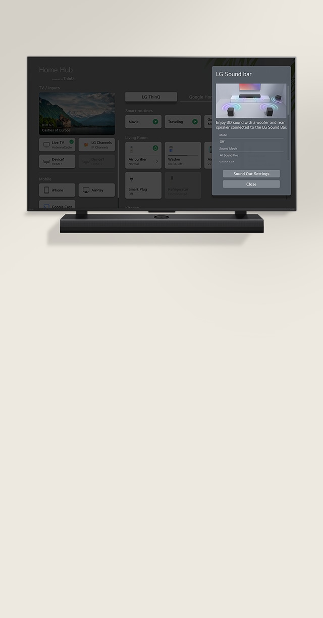 TV 화면이 보이며, Home Hub powered by ThinQ라는 텍스트가 있습니다. TV/입력 섹션에는 Live TV Antenna/Cable, LG Channels IP Channels, Device1 HDMI 1, Device1 HDMI 2가 나열되어 있습니다. 모바일 섹션에는 iPhone, AirPlay, Google Cast가 있습니다. 스마트 루틴 섹션에는 Movie, Traveling, Good Morning이 있습니다. 거실 섹션에는 Air purifier Normal, Washer 0034 left, Smart