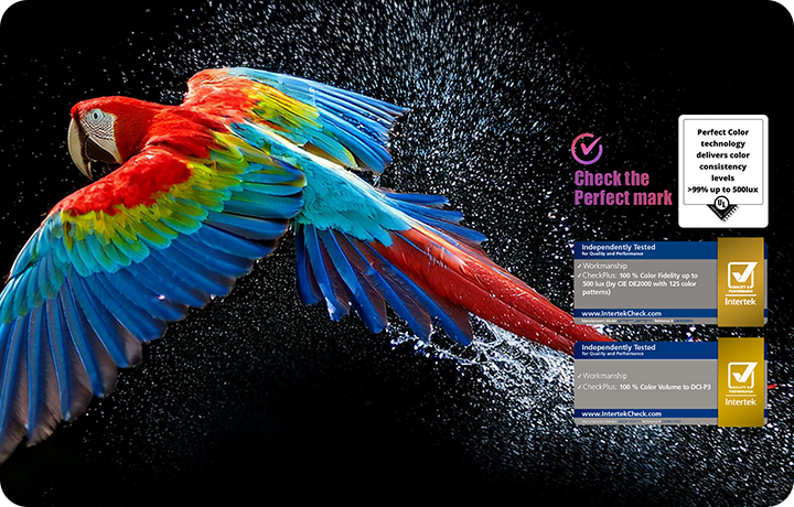 검은색 배경에 초고화질의 컬러풀한 앵무새가 보여집니다. 각종 인증 로고가 있습니다. 상세내용은 하단 참고.