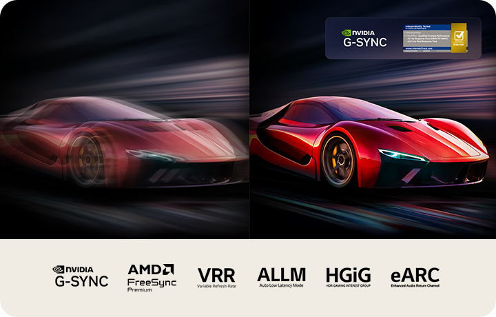 이미지에는 두 대의 빨간 스포츠카가 역동적으로 표현되어 있습니다. 엔비디아 지싱크 로고, 0.1ms 응답 시간에 대한 인터텍 인증이 표시됩니다. 게임 인증도 확인할 수 있습니다.엔비디아 지싱크, AMD 프리싱크 프리미엄 및 기타 게임 관련 인증도 볼 수 있습니다.