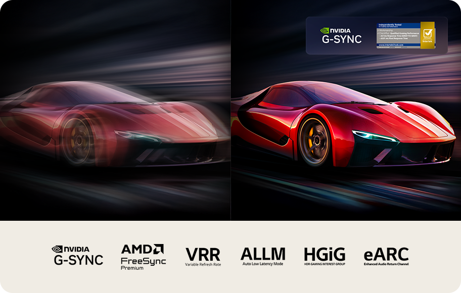 이미지에는 두 대의 빨간 스포츠카가 역동적으로 표현되어 있습니다. 엔비디아 지싱크 로고, 0.1ms 응답 시간에 대한 인터텍 인증이 표시됩니다. 게임 인증도 확인할 수 있습니다.엔비디아 지싱크, AMD 프리싱크 프리미엄 및 기타 게임 관련 인증도 볼 수 있습니다.