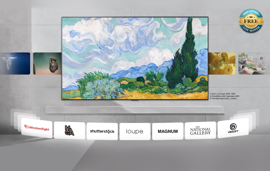 벽에 걸린 풍경화가 중심에 있습니다. 그림은 구름이 많은 하늘 아래 사이프러스 나무와 푸른 산, 그리고 노란 들판을 묘사하고 있습니다. 그림 오른쪽 아래에는 Vincent van Gogh, 1853-1890, A Wheatfield, with Cypresses, 1889, © The National Gallery, London이라는 글자가 적혀 있습니다. 주변에는 다양한 예술 작품의 작은 이미지들이 배치되어 있으며, 하단에는 WindowSight, MCA, shutterstock, loupe, MAGNUM, THE NATIONAL GALLERY, UBISOFT 로고가 나열되어 있습니다. 오른쪽 상단에는 FREE CONTENT FOR ONE MONTH라는 문구가 있는 배지가 보입니다.