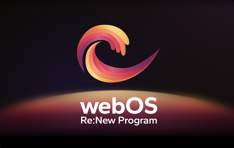 웹OS Re:New Program이라는 텍스트가 포함된 이미지로, 상단에는 곡선 형태의 로고가 위치하고 있다. 로고는 여러 가지 색상으로 구성되어 있으며, 주로 주황색, 분홍색, 연보라색이 사용되었다. 배경은 어두운 색조로, 전체적으로 세련된 느낌을 준다.
