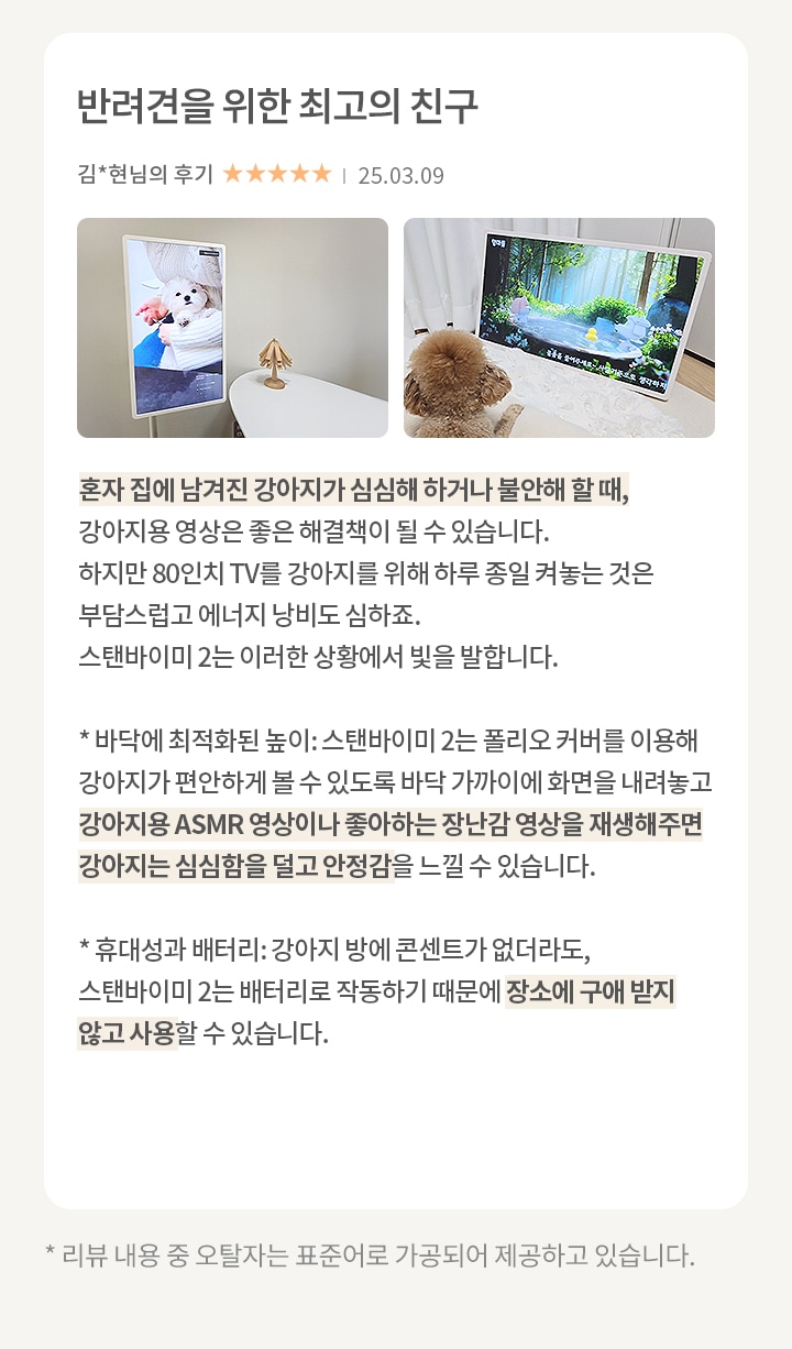 이미지에는 두 개의 사진이 나란히 배치되어 있습니다. 첫 번째 사진은 스탠드에 세워진 디지털 액자에 강아지가 담요를 덮고 있는 모습이 보입니다. 두 번째 사진에서는 푹신한 매트 위에 앉아 있는 갈색 푸들이 TV를 바라보고 있습니다. TV 화면에는 숲 배경의 애니메이션 장면이 나오고 있으며, 화면 하단에 동화를 좋아하는 강아지를 위해...라는 자막이 있습니다. 오른쪽에는 