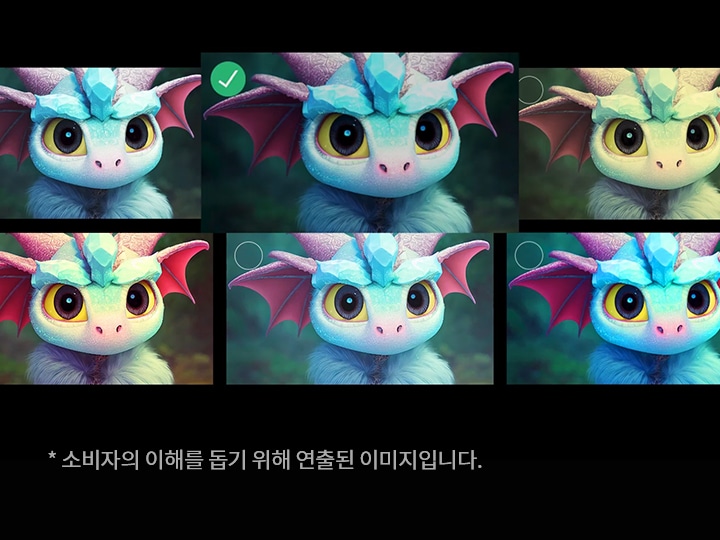 파란색과 분홍색이 조화를 이루는 귀여운 드래곤 캐릭터가 여러 이미지로 나열되어 있습니다. 각 이미지에는 드래곤의 얼굴이 클로즈업되어 있으며, 다양한 색조와 명암이 적용되어 있습니다. 체크 표시가 있는 이미지가 두 개 있으며, 나머지 이미지에는 원형 표시가 있습니다. 라는 문구가 적혀 있습니다.