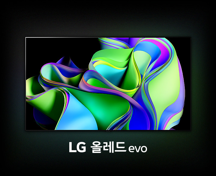 화려한 색상의 추상적인 곡선 패턴이 있는 화면이 있으며, 아래쪽에는 LG 올레드 evo라는 문구가 있습니다. 배경은 어두운 색상으로 되어 있습니다.