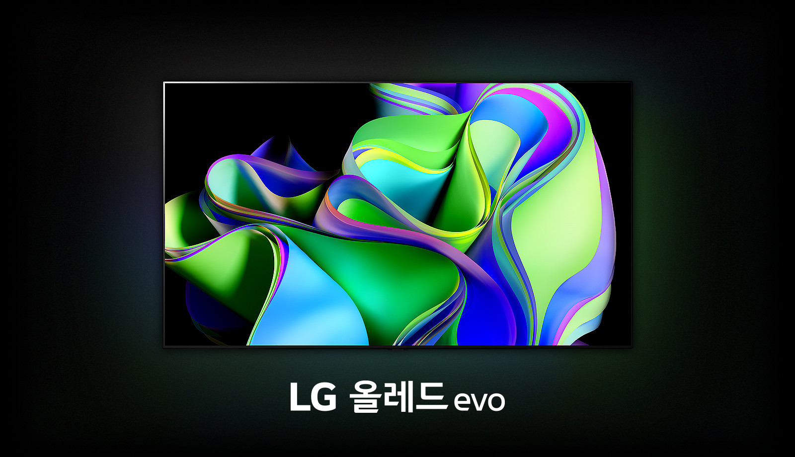 화려한 색상의 추상적인 곡선 패턴이 있는 화면이 있으며, 아래쪽에는 LG 올레드 evo라는 문구가 있습니다. 배경은 어두운 색상으로 되어 있습니다.