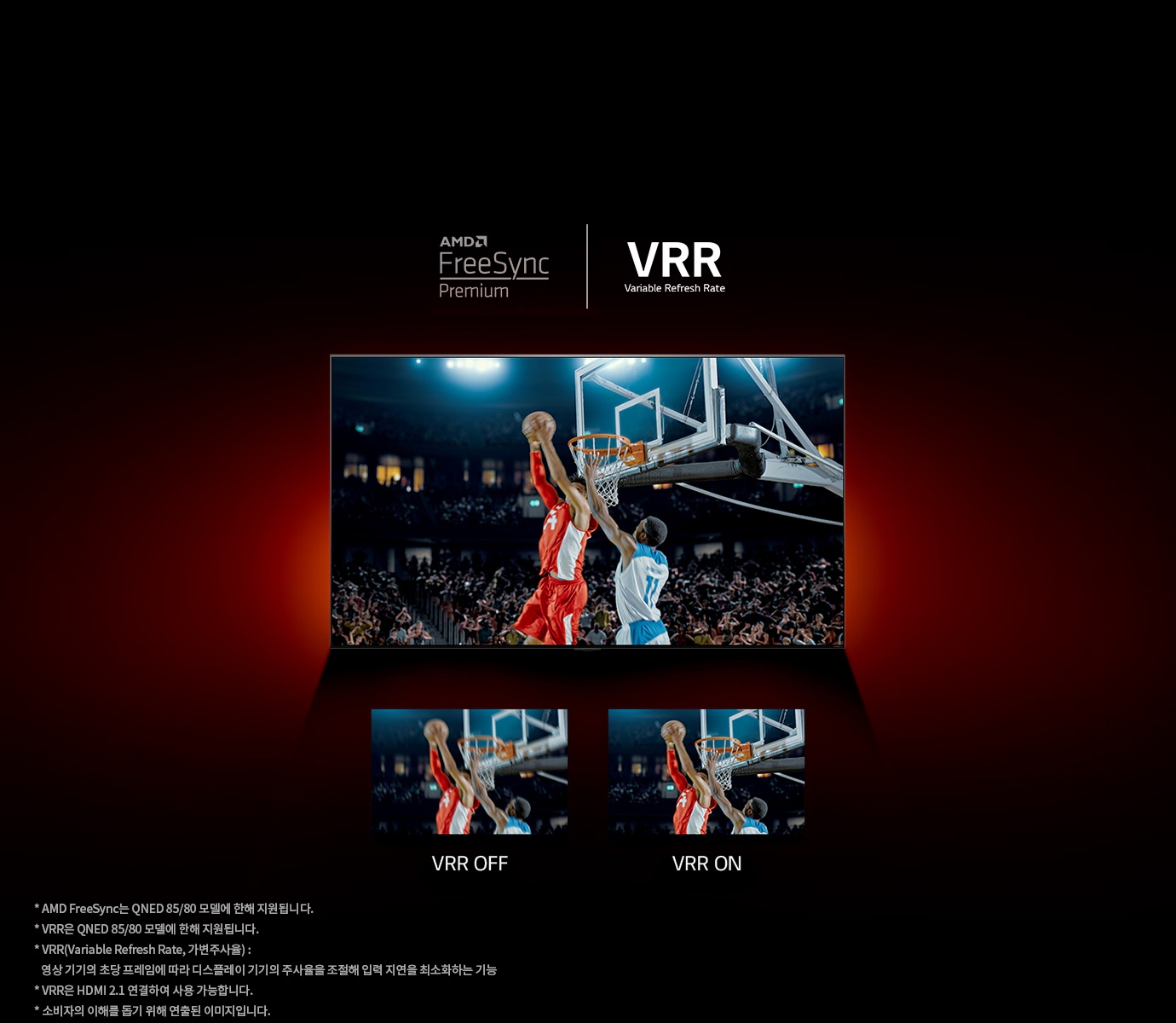 AMD FreeSync Premium과 VRR(Variable Refresh Rate)을 강조하는 이미지입니다. 농구 경기를 배경으로 두 명의 선수가 골대를 향해 뛰어오르고 있습니다. VRR OFF와 VRR ON 상태의 비교 이미지가 있으며, 아래에는 설명 텍스트가 있습니다. AMD FreeSync는 QNED 85/80 모델에만 지원되며, VRR은 QNED 85/80 모델에 한해 지원됩니다. VRR은 영상 끊김과 보틀 넥을 줄여주는 기능이며, VRR HDMI 2.1 연결하여 사용할 수 있습니다. 소비자의 이해를 돕기 위한 연출 이미지임을 명시하고 있습니다.