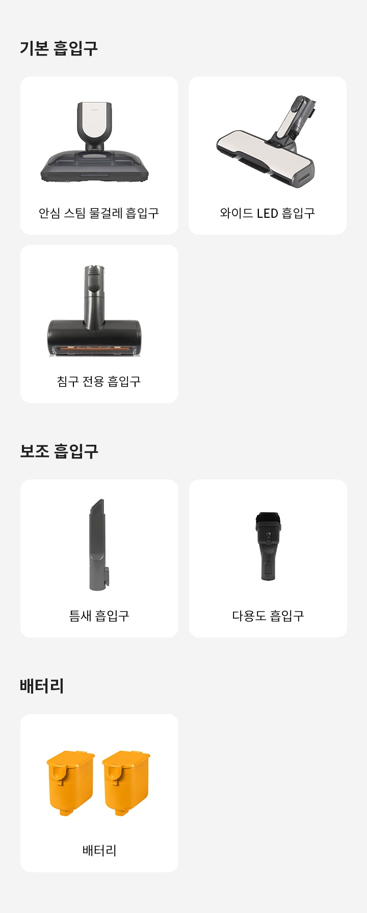 기본 흡입구로는 안심 스팀 물걸레 흡입구와 와이드 LED 흡입구가 있습니다. 보조 흡입구에는 침구 전용 흡입구, 틈새 흡입구, 다용도 흡입구가 포함되어 있습니다. 배터리 섹션에는 배터리가 있습니다. 각 항목은 흰색 배경 위에 개별적으로 표시되어 있습니다.