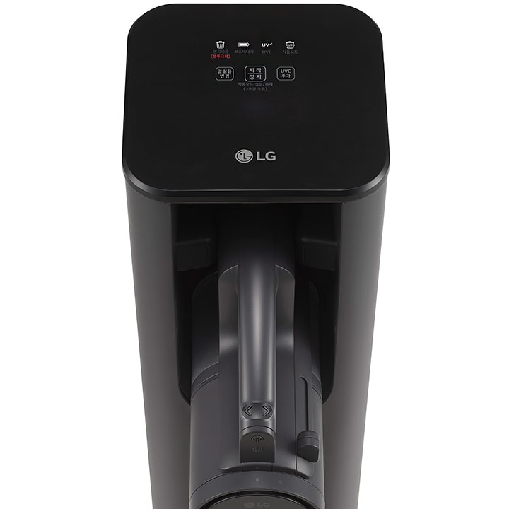 lg_로고가_있는_검정색_기기의_상단_부분이_보입니다._상단에는_여러_개의_아이콘과_텍스트가_있습니다._텍스트로는_먼지통_비움,_uv_램프,_청소_중,_설정/정지,_자동_청소_시작_등이_표시되어_있습니다._기기의_디자인은_세련되고_현대적인_느낌을_줍니다.
