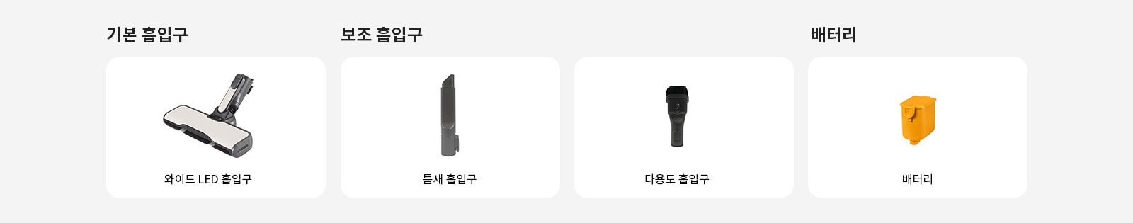 기본 흡입구에는 와이드 LED 흡입구가 있고, 보조 흡입구에는 틈새 흡입구와 다용도 흡입구가 있습니다. 배터리 섹션에는 배터리가 있습니다. 각 항목은 흰색 배경에 개별적으로 배치되어 있습니다.