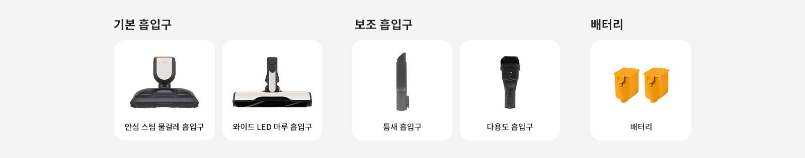 기본 흡입구로 안심 스팀 물걸레 흡입구와 와이드 LED 마루 흡입구가 있으며, 보조 흡입구로 틈새 흡입구와 다용도 흡입구가 있습니다. 배터리는 두 개의 주황색 배터리 이미지로 표현되어 있습니다.