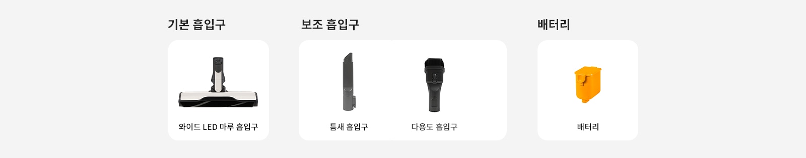 기본 흡입구, 보조 흡입구, 배터리라는 제목 아래 각각의 이미지가 있습니다. 기본 흡입구에는 와이드 LED 마루 흡입구가 있고, 보조 흡입구에는 틈새 흡입구와 다용도 흡입구가 있습니다. 배터리에는 배터리라는 설명이 있는 주황색 배터리 이미지가 있습니다. 