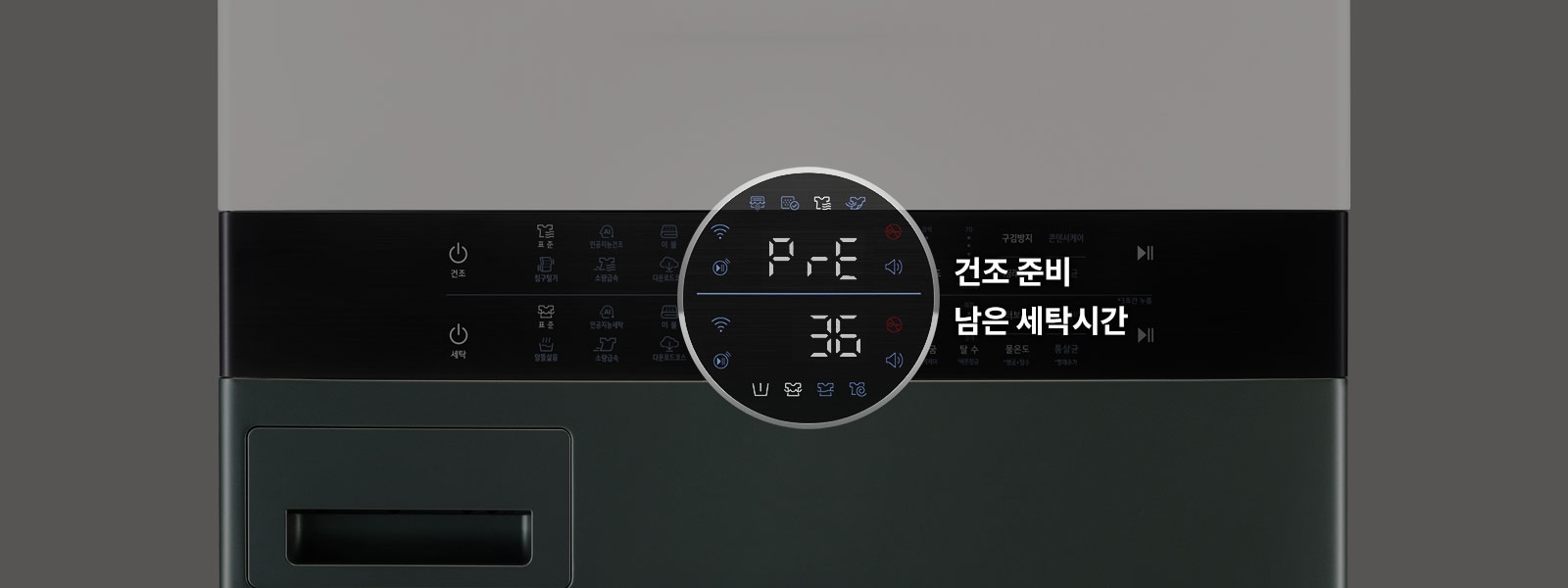세탁기 조작 패널이 보이며, 디지털 화면에 "PrE"와 "36"이 표시되어 있습니다. 화면 옆에는 "건조 준비"와 "남은 세탁시간"이라는 텍스트가 있습니다. 패널에는 다양한 아이콘과 버튼이 배치되어 있으며, "건조"와 "세탁" 버튼이 보입니다. 배경은 어두운 색상입니다.
