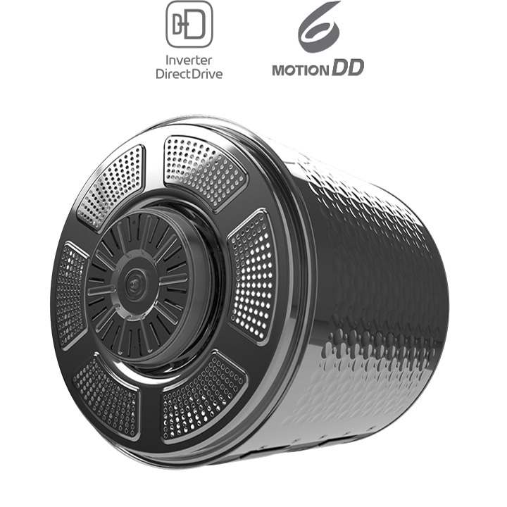 세탁기_드럼이_회전하는_모습이_있으며,_inverter_directdrive와_6_motion_dd라는_텍스트가_포함되어_있습니다._드럼은_금속성으로_보이며,_표면에_여러_개의_작은_구멍이_있습니다.