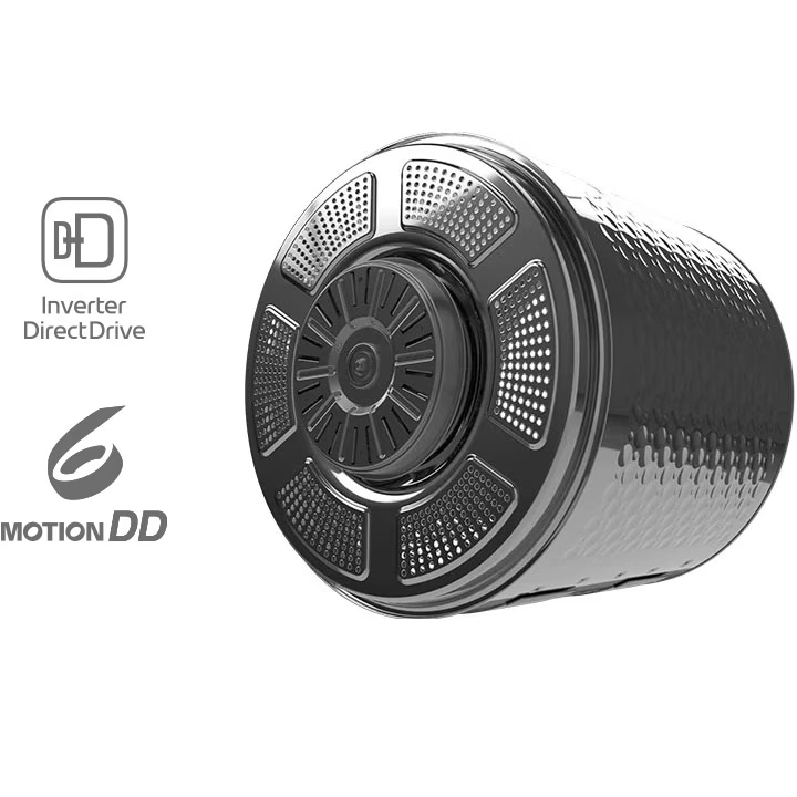 세탁기_드럼이_회전하는_모습이_있으며,_inverter_directdrive와_6_motion_dd라는_텍스트가_포함되어_있습니다._드럼은_금속성으로_보이며,_표면에_여러_개의_작은_구멍이_있습니다.