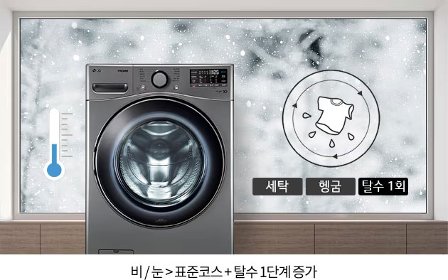 세탁기가_눈_내리는_배경_앞에_놓여_있으며,_세탁기_옆에는_온도계_아이콘과_함께_세탁,_헹굼,_탈수_1회라는_글자가_표시되어_있습니다._비/눈_>_표준코스_+_탈수_1단계_증가라는_문구가_적혀_있습니다.