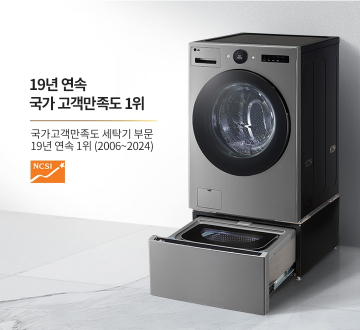 19년 연속 국가 고객만족도 1위라는 문구와 함께 세탁기가 놓여 있습니다. 국가고객만족도 세탁기 부문 19년 연속 1위 (2006~2024)라는 텍스트가 있으며, NCSI 로고가 포함되어 있습니다. 세탁기는 메탈릭한 색상으로, 하단에 서랍식 세탁 공간이 열려 있습니다. 배경은 밝은 색상의 벽과 대리석 바닥으로 구성되어 있습니다.
