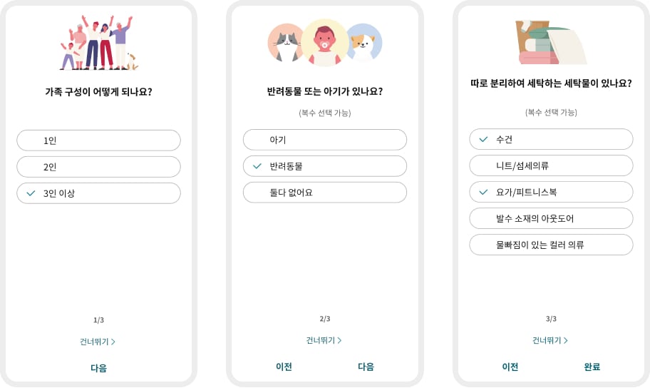 가족 구성에 대한 질문으로 가족 구성이 어떻게 되나요?라는 문구와 함께 1인, 2인, 3인 이상 선택지가 있습니다. 반려동물 또는 아기 유무를 묻는 질문에는 아기, 반려동물, 둘 다 없어요라는 선택지가 있으며, 반려동물이 선택되어 있습니다. 세탁물 분리 여부에 대한 질문으로 따로 분리하여 세탁하는 세탁물이 있나요?라는 문구와 함께 수건, 니트/섬세의류, 요가/피트니스복, 발수 소재의 야외도어, 물빠짐이 있는 컬러 의류 선택지가 있으며, 수건과 요가/피트니스복이 선택되어 있습니다. 각 질문 아래에는 건너뛰기, 이전, 다음, 완료 버튼