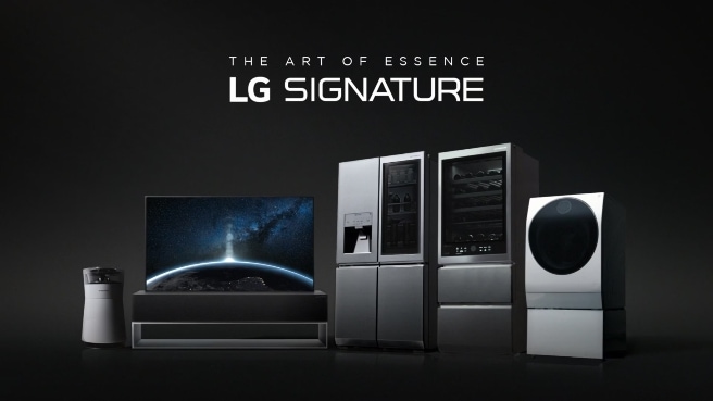 THE ART OF ESSENCE LG SIGNATURE LG 시그니처 가전제품 시리즈가 어두운 배경 위에 나열된 이미지 