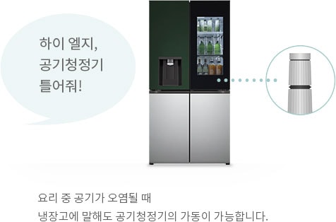 하이 엘지, 공기청정기 틀어줘! 요리 중 공기가 오염될 때 냉장고에 말해도 공기청정기의 가동이 가능합니다.