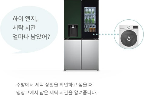 하이 엘지, 세탁 시간 얼마나 남았어? 주방에서 세탁 상황을 확인하고 싶을 때 냉장고에서 남은 세탁 시간을 알려줍니다.