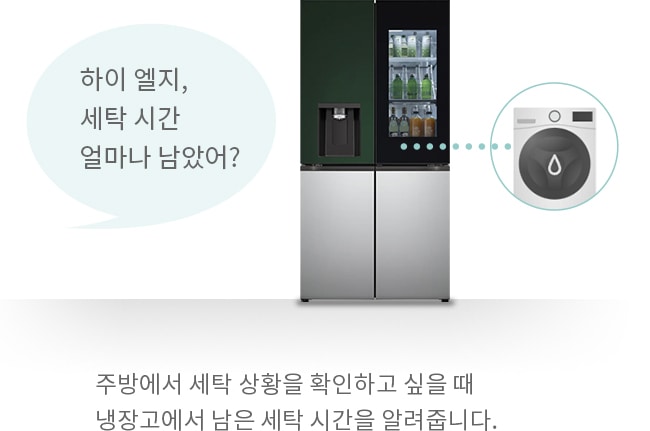 하이 엘지, 세탁 시간 얼마나 남았어? 주방에서 세탁 상황을 확인하고 싶을 때 냉장고에서 남은 세탁 시간을 알려줍니다.