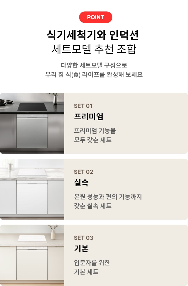 식기세척기와 인덕션 세트모델 추천 조합 배너로 프리미엄, 실속, 기본 세트가 각각 제품이 삽입된 인테리어 이미지로 연출되고 있습니다.