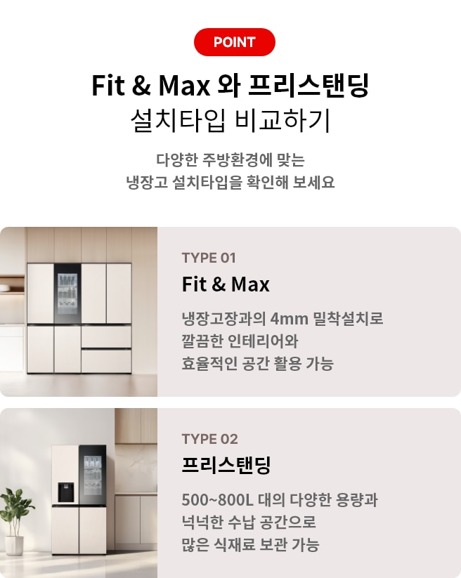 이미지에는 Fit & Max 와 프리스탠딩 설치타입 비교하기라는 제목과 함께 다양한 주방환경에 맞는 냉장고 설치타입을 확인해 보세요라는 문구가 있습니다. 두 가지 타입이 소개되어 있으며, 첫 번째는 TYPE 01 Fit & Max로, 냉장고장과의 4mm 밀착설치로 깔끔한 인테리어와 효율적인 공간 활용 가능이라는 설명이 있습니다. 두 번째는 TYPE 02 프리스탠딩으로, 500~800L 대의 다양한 용량과 넉넉한 수납 공간으로 많은 식재료 보관 가능이라는 설명이 포함되어 있습니다. 각 타입에 해당하는 냉장고 이미지가 배경에 배치되어 있습니다.