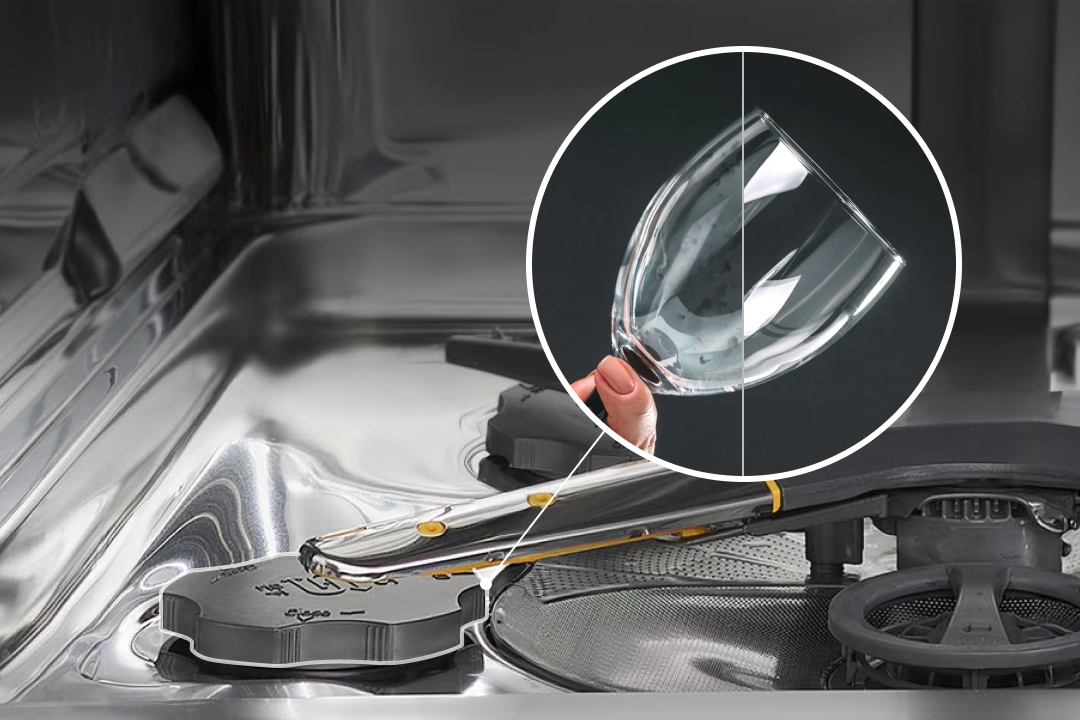 와인잔을 손으로 잡고 있는 모습이 보이며, 잔의 중앙에 세로로 선이 그어져 있습니다. 왼쪽 절반은 얼룩이 있는 상태이고, 오른쪽 절반은 깨끗하게 닦인 상태입니다. 배경은 어두운 색상입니다.