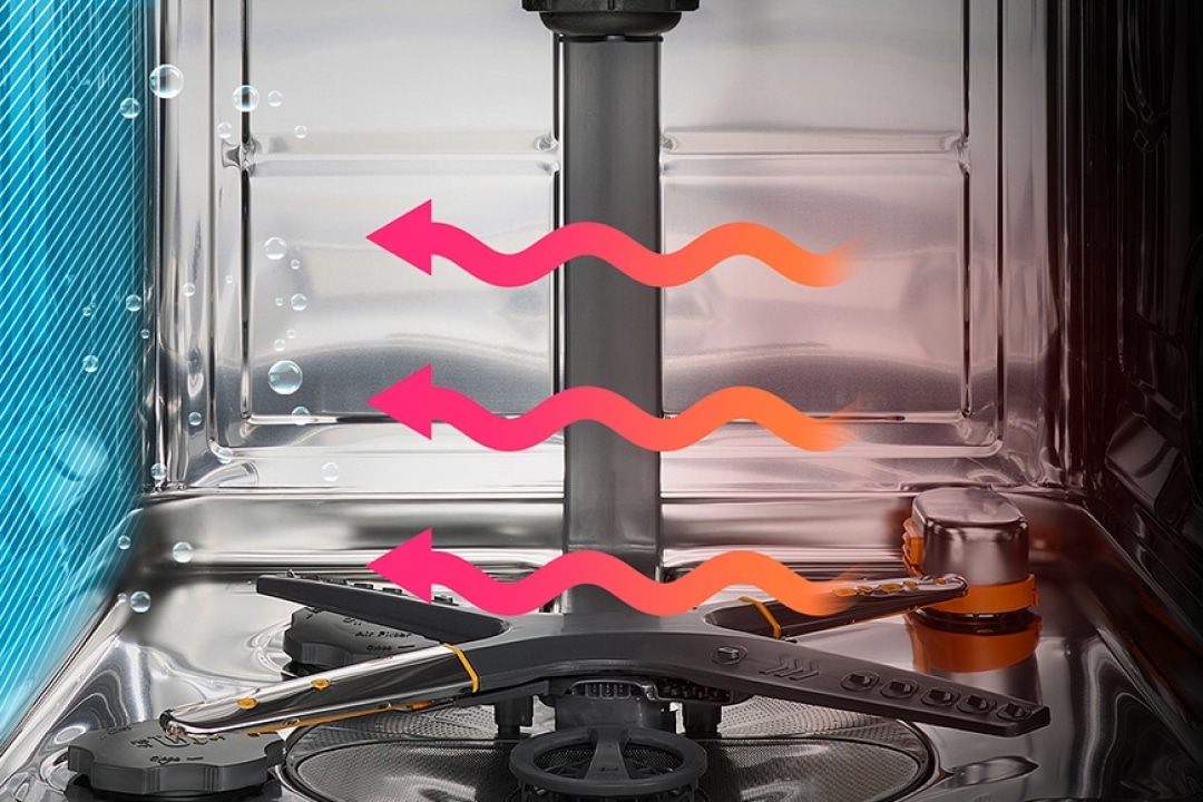 식기세척기 내부를 보여주는 이미지로, 금속 재질의 벽면과 회전 날개가 보입니다. 붉은색 화살표 세 개가 물결 모양으로 그려져 있으며, 벽면에 물방울이 맺혀 있습니다.